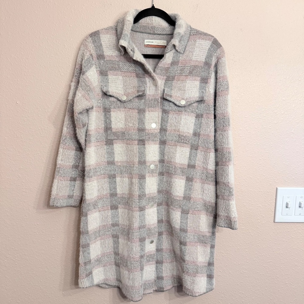 Anthropologie Pilcro Eliza Eyelash Plaid Knit Grey Pink Longline Jacket XS